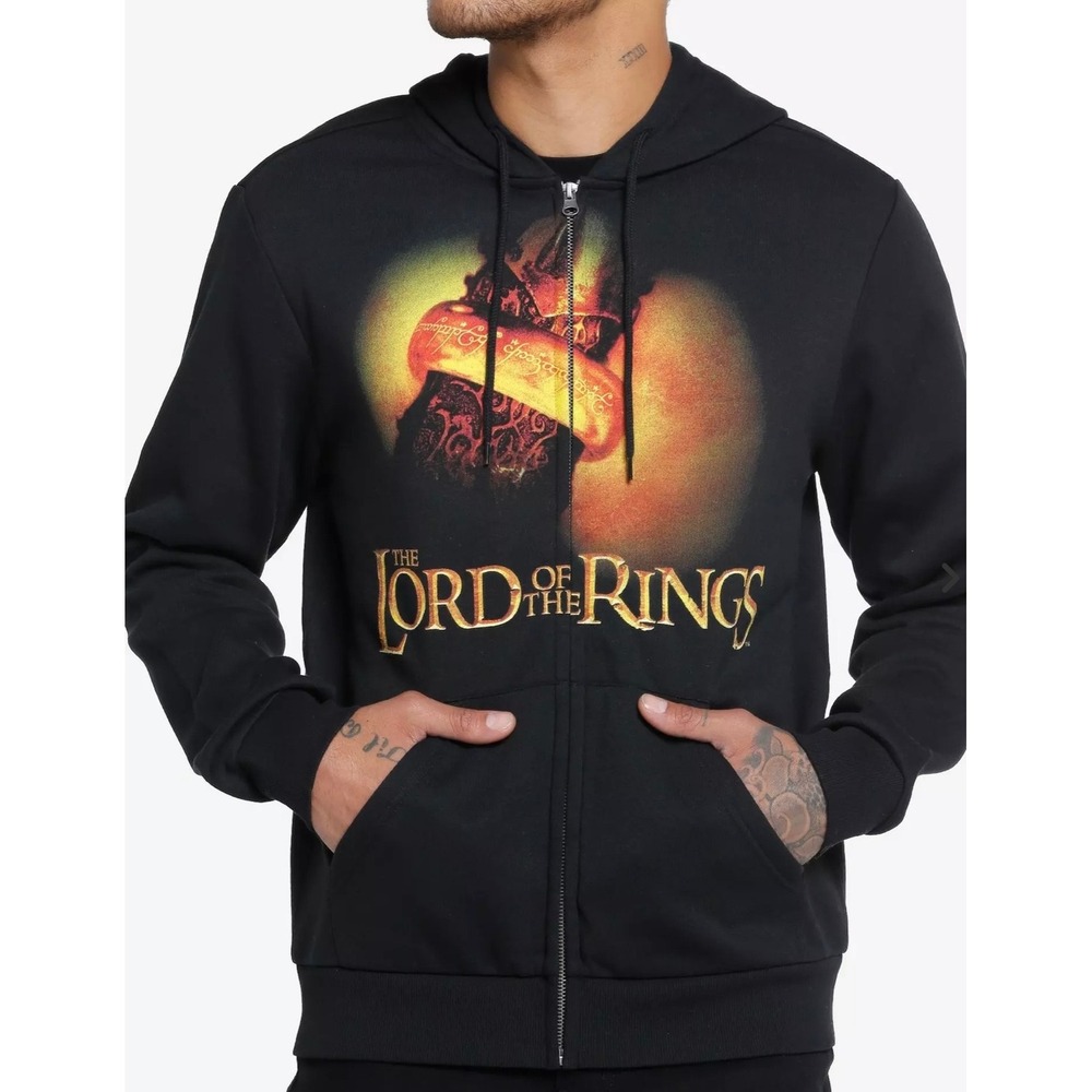 Lord of the Rings Mens Graphic Zip Up Hoodie Black One Ring Film Logo Size M